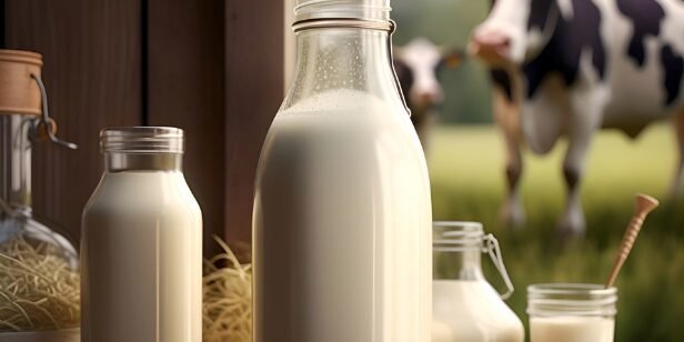 Milk in a glass bottle on the background of the farm.