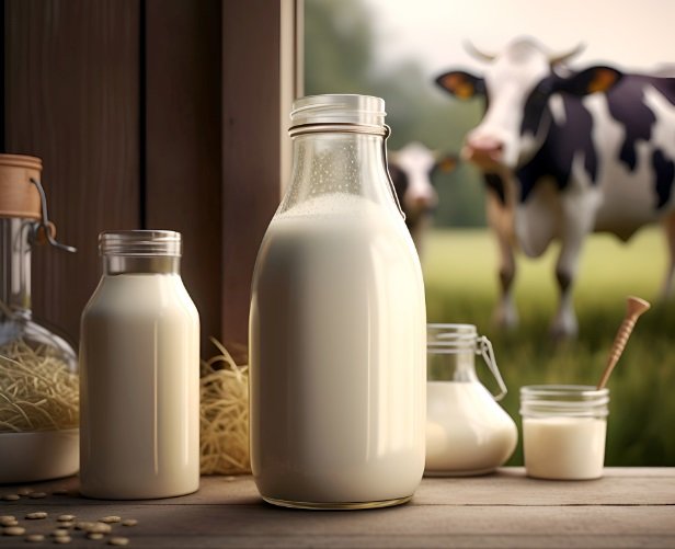 Milk in a glass bottle on the background of the farm.